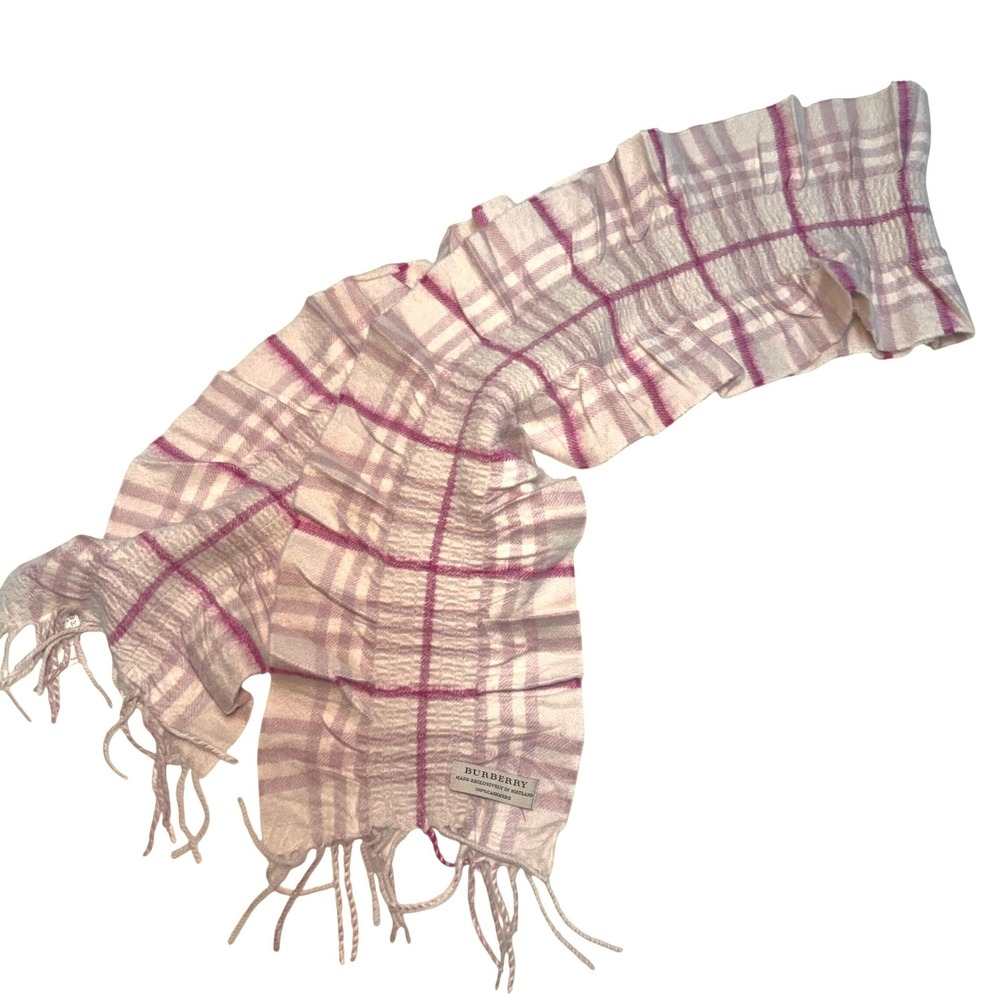 Burberryโ Pink Plaid Ruched 100% Cashmere Scarf Made in Scotland Fringe Trim